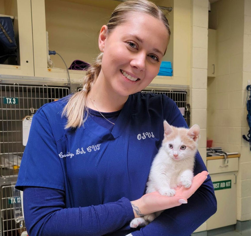 A smiling person with blonde hair in a ponytail is holding a small, white and orange kitten. They are wearing a dark blue medical scrub top and standing in front of animal cages and equipment, suggesting a veterinary or animal care setting.